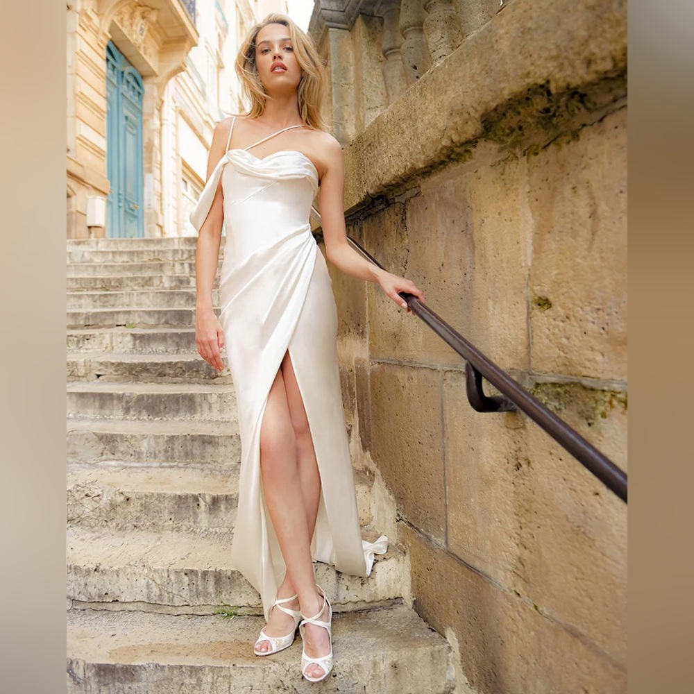 Ivory Satin Asymmetrical Strap Dress in Ivory